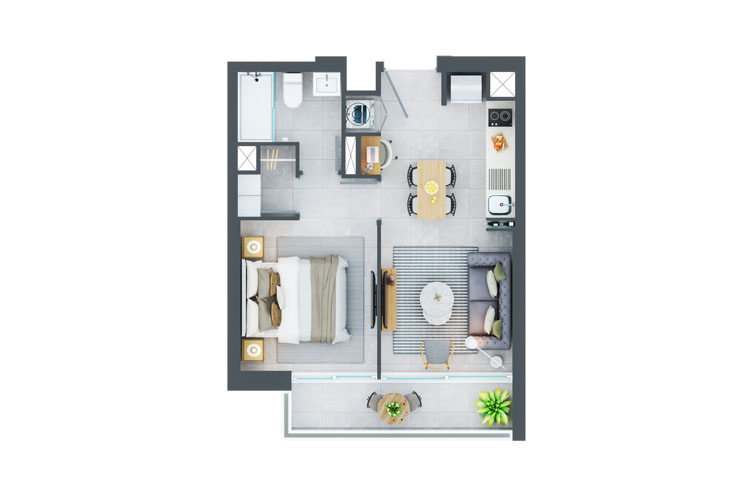 Plano de planta tipo PLANTA A con 1 dormitorio y 1 baño