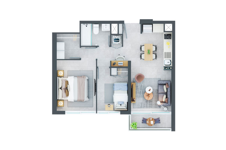Plano de planta tipo PLANTA B con 2 dormitorios y 1 baño