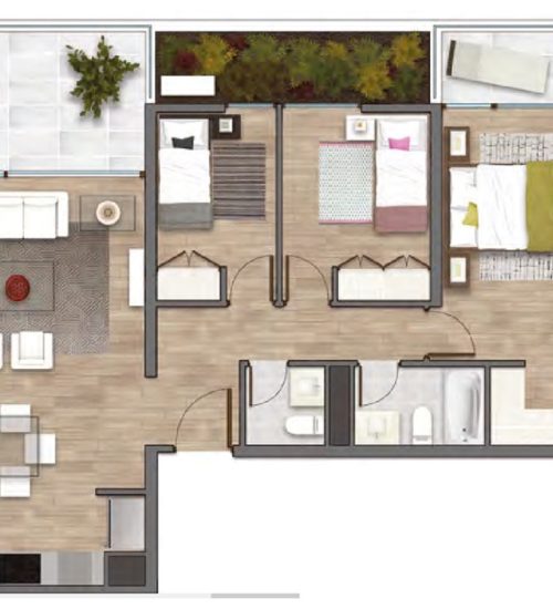 Plano de planta tipo PLANTA B con 3 dormitorios y 3 baños