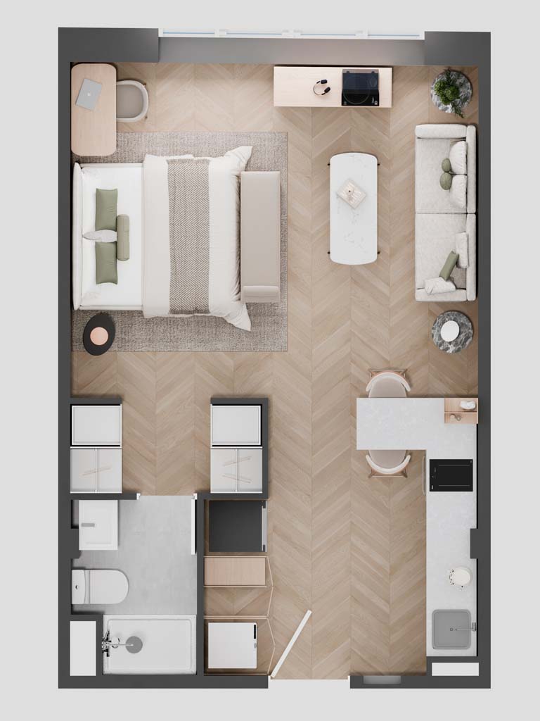 Plano de planta tipo B1 - Loft con 1 dormitorio y 1 baño