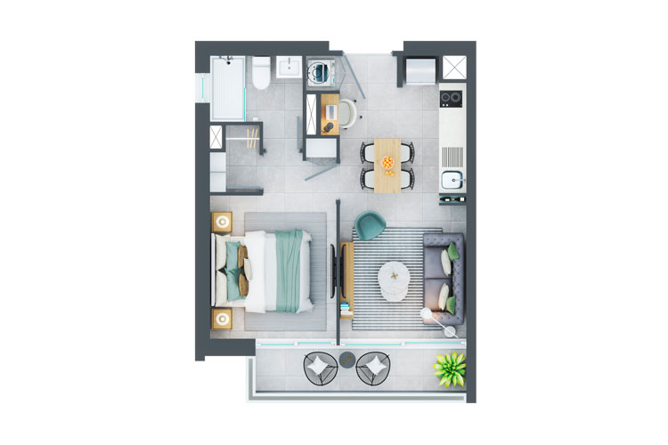 Plano de planta tipo PLANTA C con 1 dormitorio y 1 baño