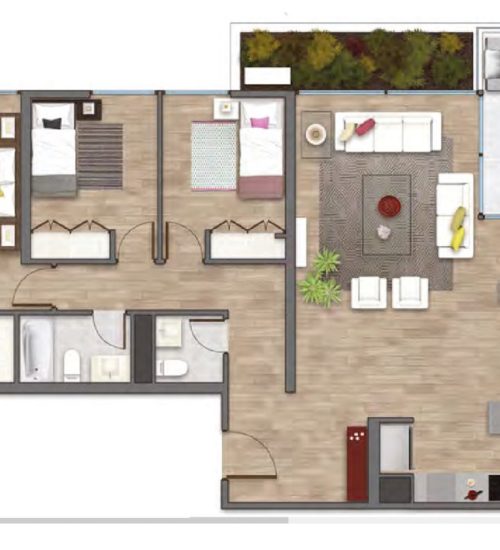 Plano de planta tipo PLANTA C con 3 dormitorios y 3 baños