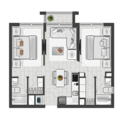 Plano de planta tipo PLANTA E con 2 dormitorios y 2 baños