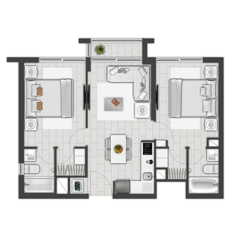 Plano de planta tipo PLANTA F con 2 dormitorios y 2 baños