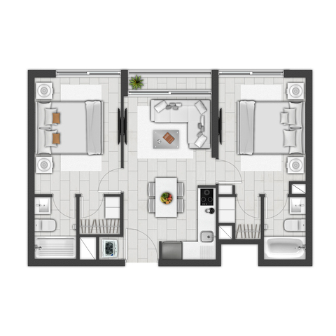 Plano de planta tipo PLANTA H con 2 dormitorios y 2 baños