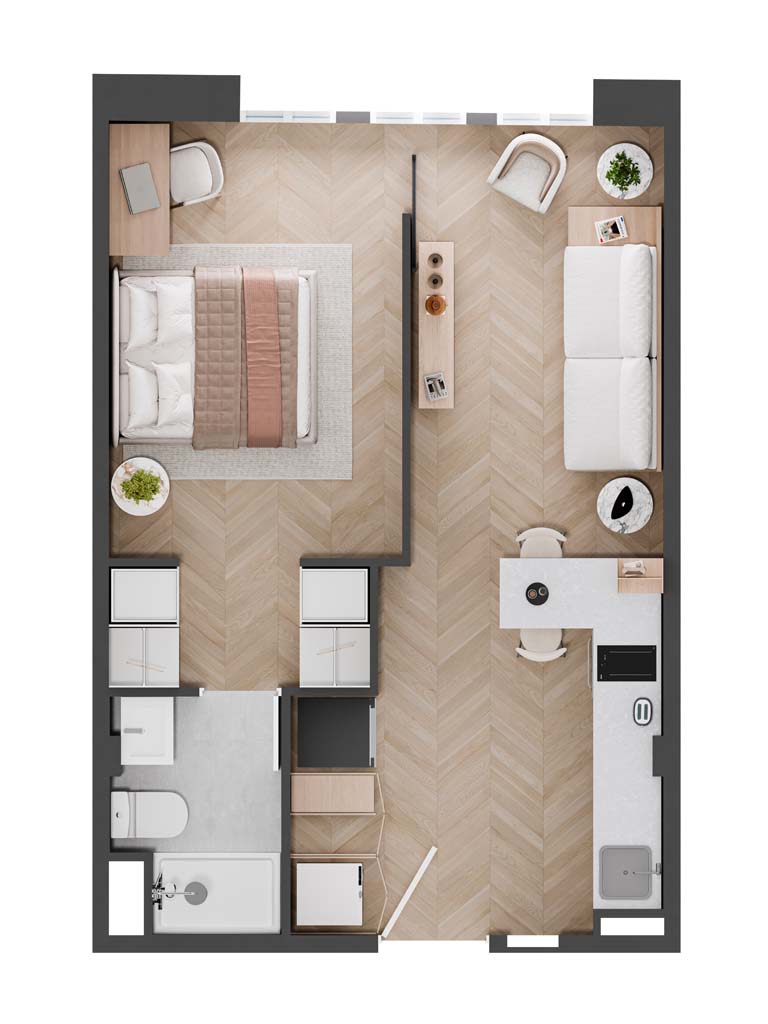 Plano de planta tipo B1 - 1D1B con 1 dormitorio y 1 baño