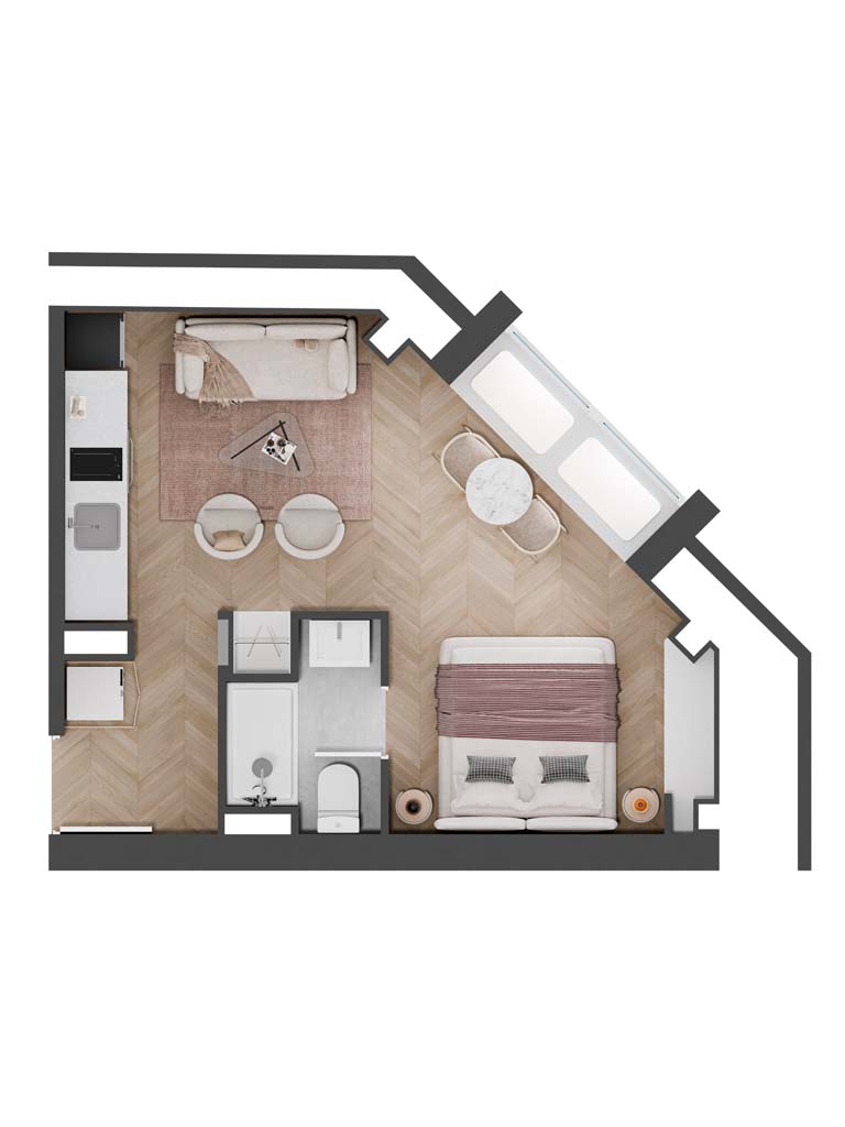 Plano de planta tipo C1 - Loft con 1 dormitorio y 1 baño