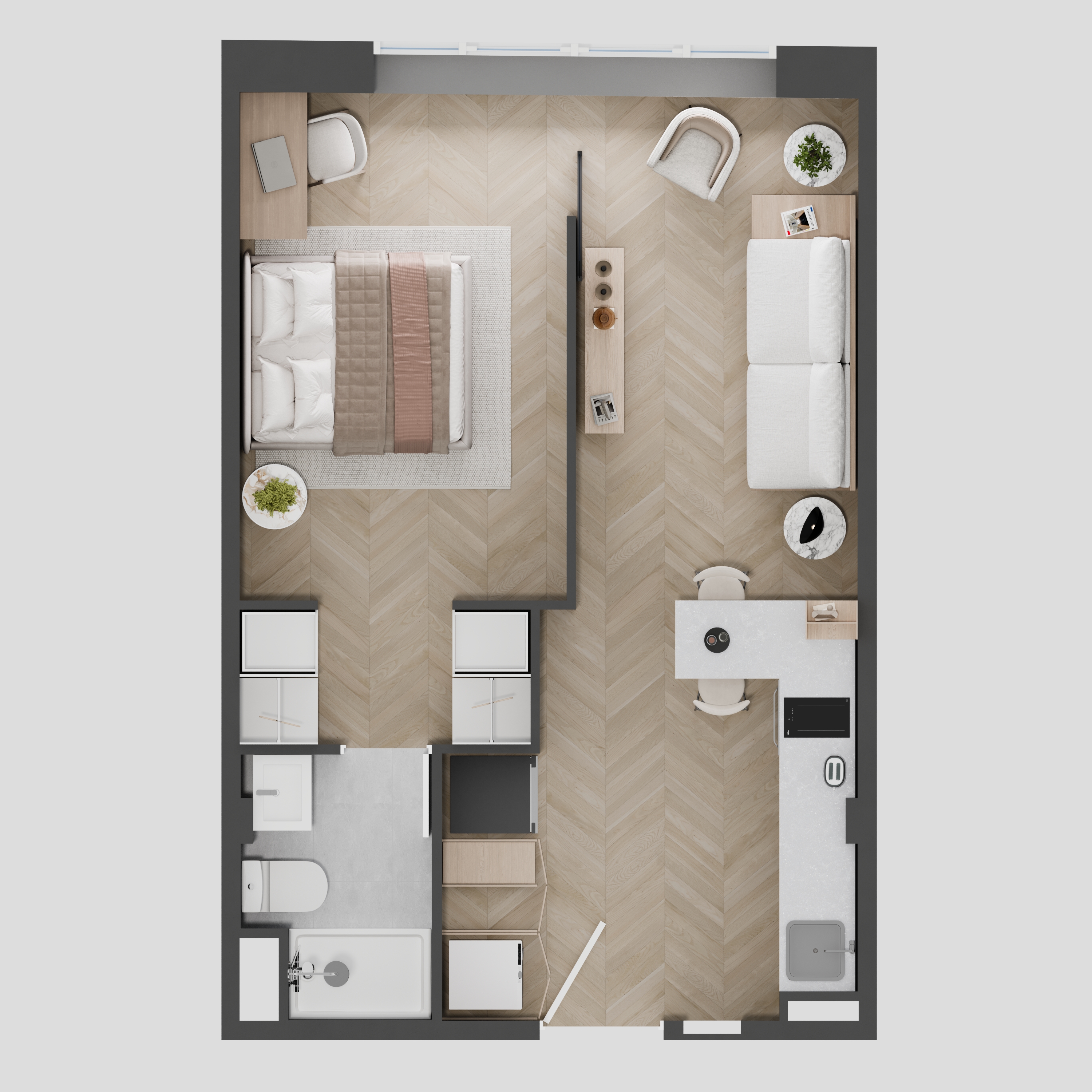 Plano de planta tipo B1 - 1D1B con 1 dormitorio y 1 baño