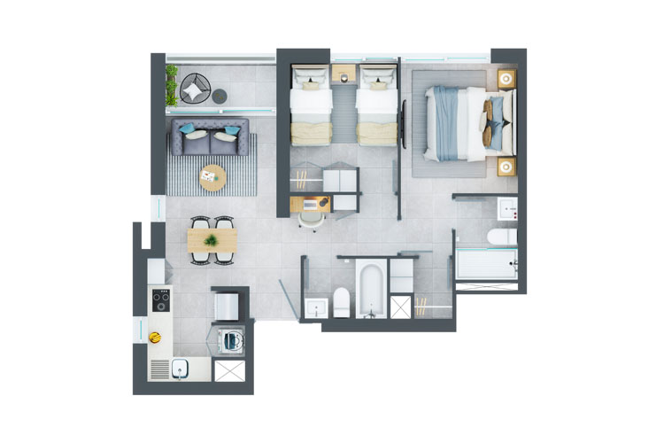 Plano de planta tipo PLANTA I con 2 dormitorios y 2 baños