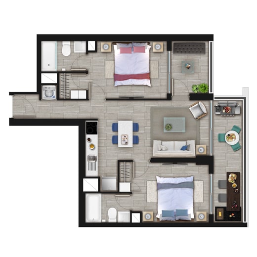 Plano de planta tipo PLANTA D con 2 dormitorios y 2 baños