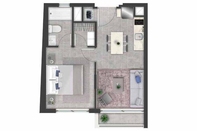 Plano de planta tipo PLANTA D con 1 dormitorio y 1 baño