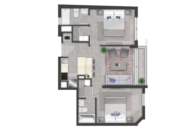 Plano de planta tipo PLANTA E con 2 dormitorios y 2 baños