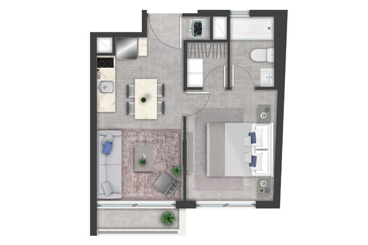 Plano de planta tipo PLANTA F con 1 dormitorio y 1 baño