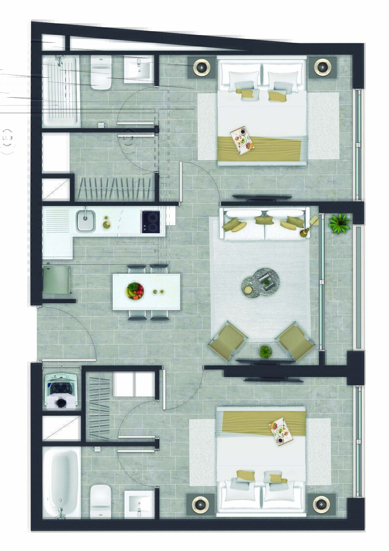 Plano de planta tipo PLANTA M con 2 dormitorios y 2 baños